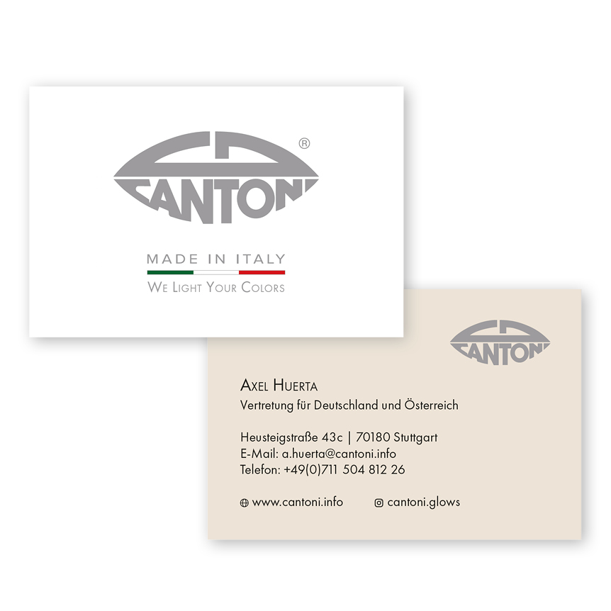 Visitenkarten für Cantoni Glows made in Italy.